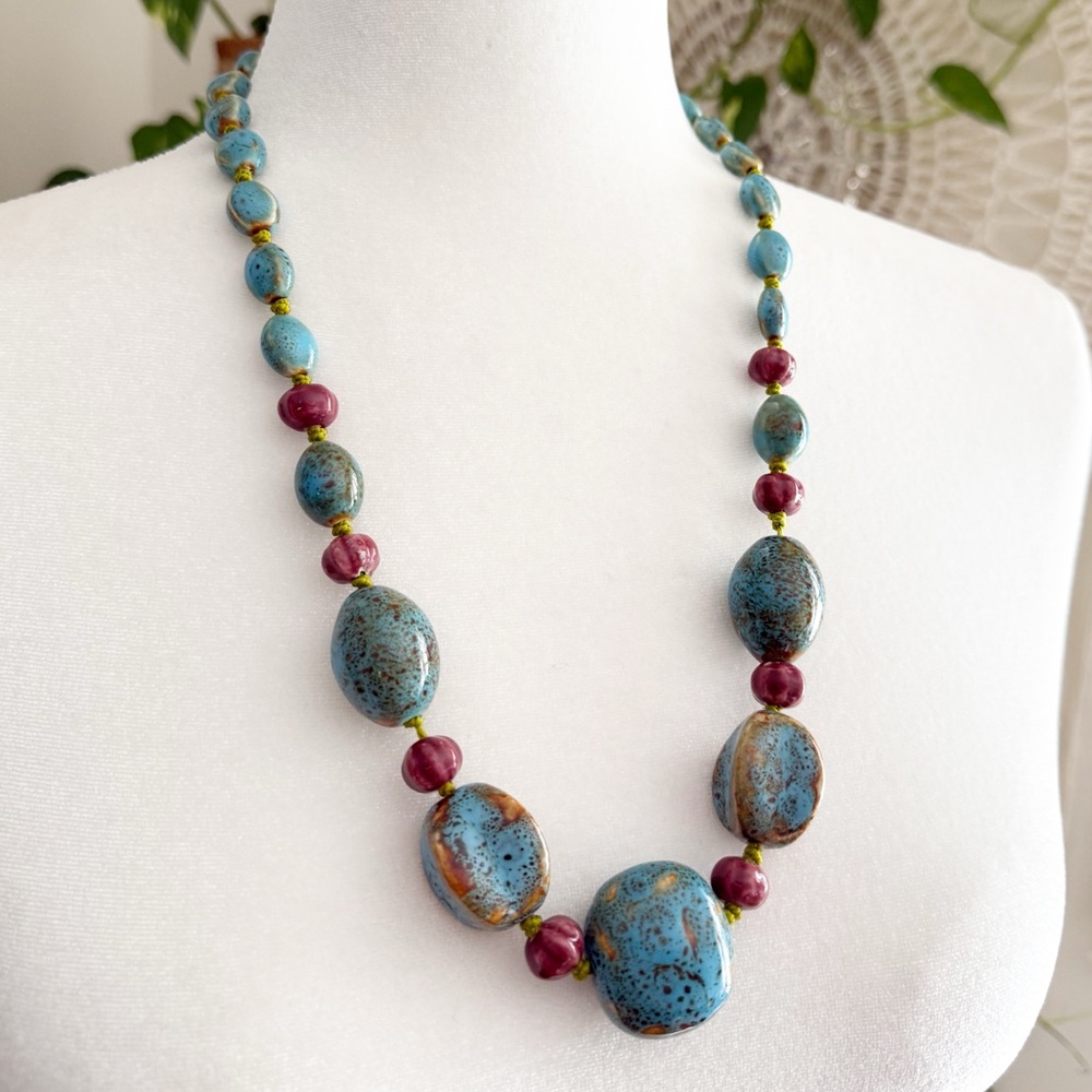 Vintage Artisan Ceramic Bead Statement Necklace Turquoise Speckled 26” Inch - Picture 4 of 15